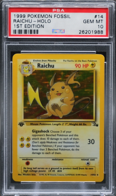 1999 POKEMON FOSSIL #14 RAICHU-HOLO 1ST EDITION PSA 10 - 988